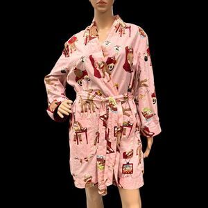 NICK & NORA L / XL Belted Lined Front Pockets Pink Sock Monkey Robe